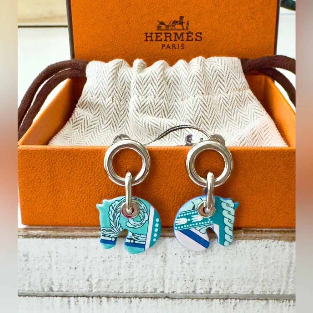 Hermes Tattersall Silver Blue Horse Earrings W/Box - Picture 5 of 5